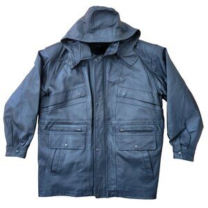 Vintage Phase 2 Black Leather Hooded Jacket Coat L‎ Pockets Removable Vest Liner
